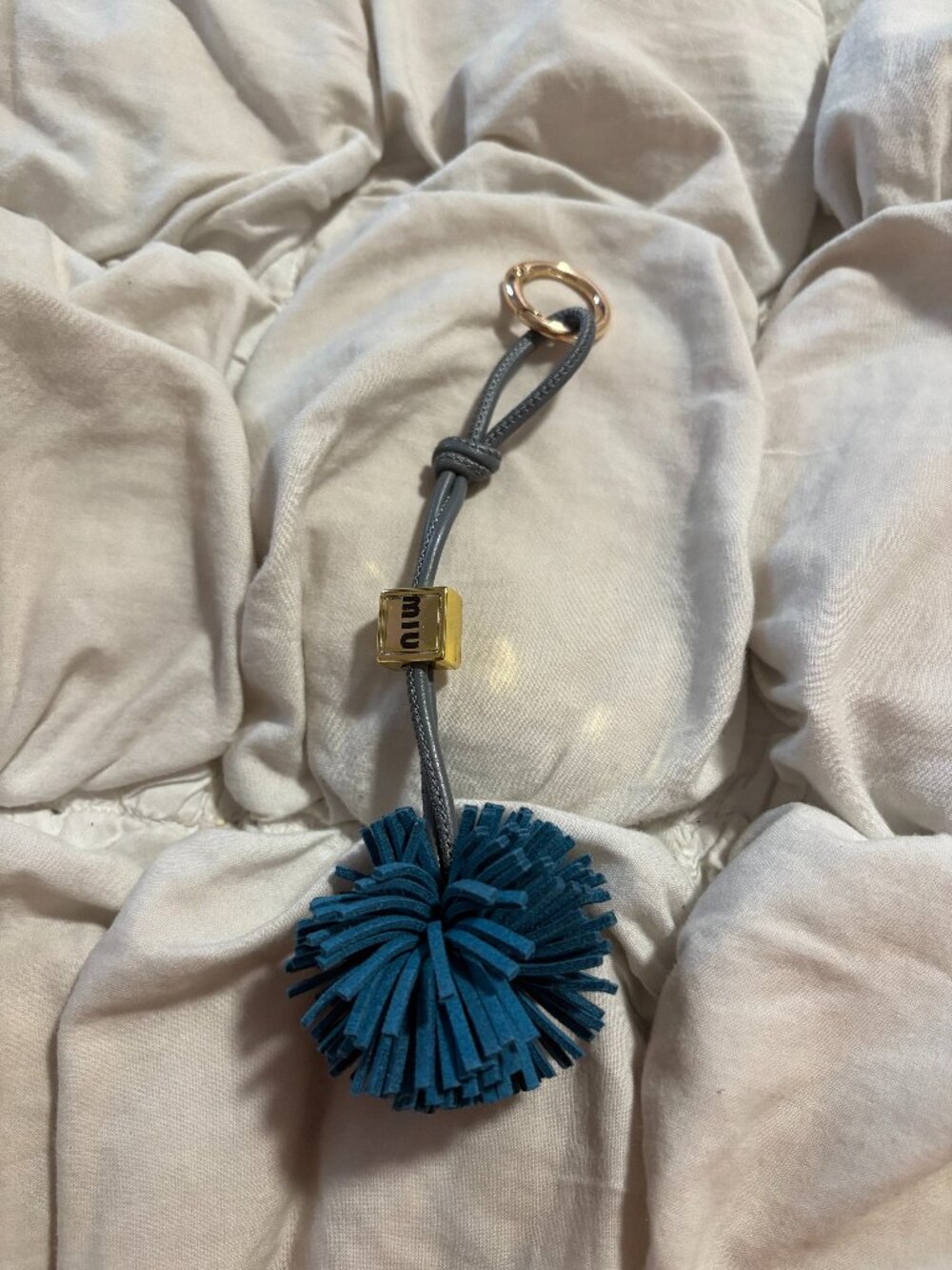 Miu Miu Trick Nappa Leather Pompom Dice Bag Charm Blue / Brown